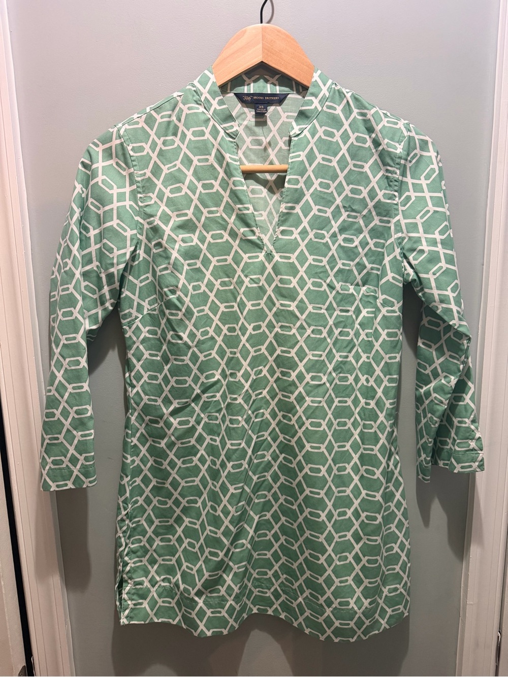 Brooks Brothers Mint Green and White Geometric Button-Down Tunic